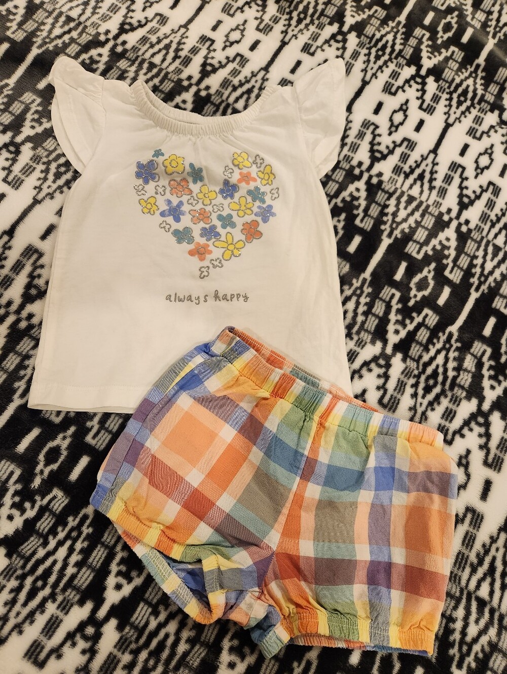 Carter's White Floral Heart Tee with Pastel Plaid Shorts, Size 18M